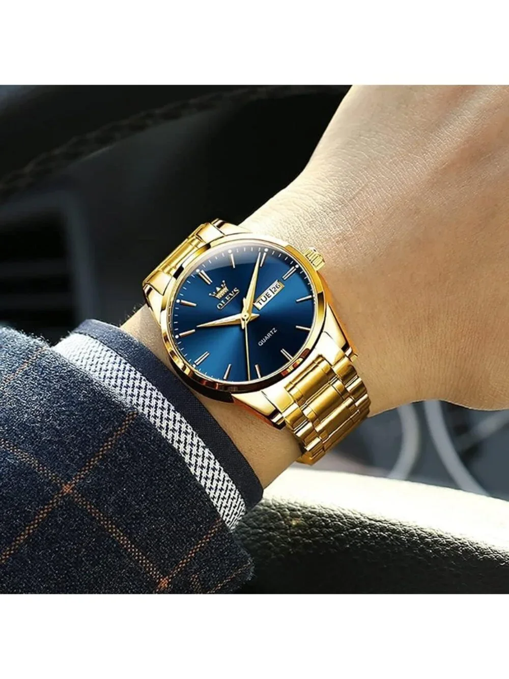 Olevs Men's Gold Luxury Stainless Steel Blue Face Analog Quartz Luminous Watch